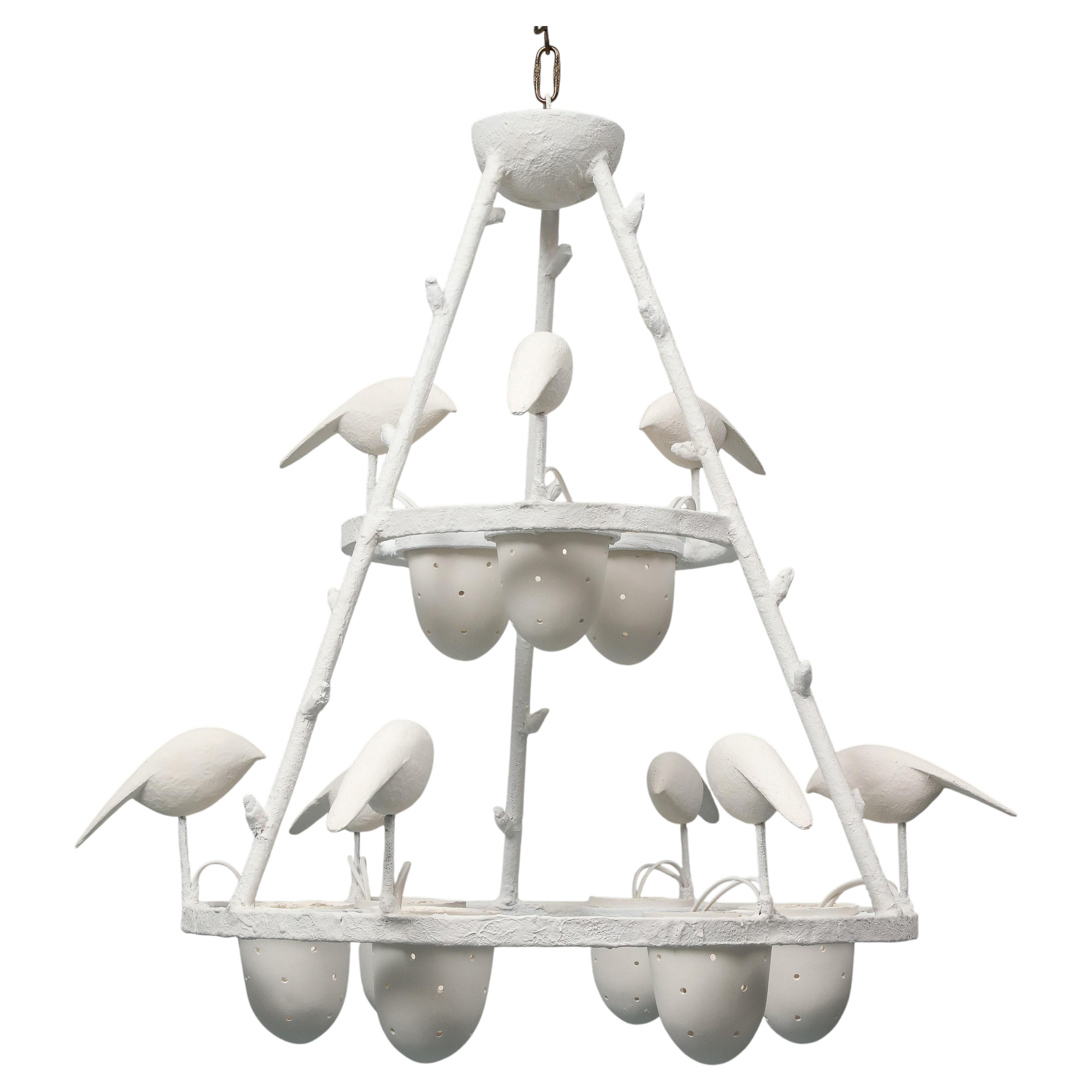 White Plaster Chandelier With Birds by Jacques Darbaud For Sale