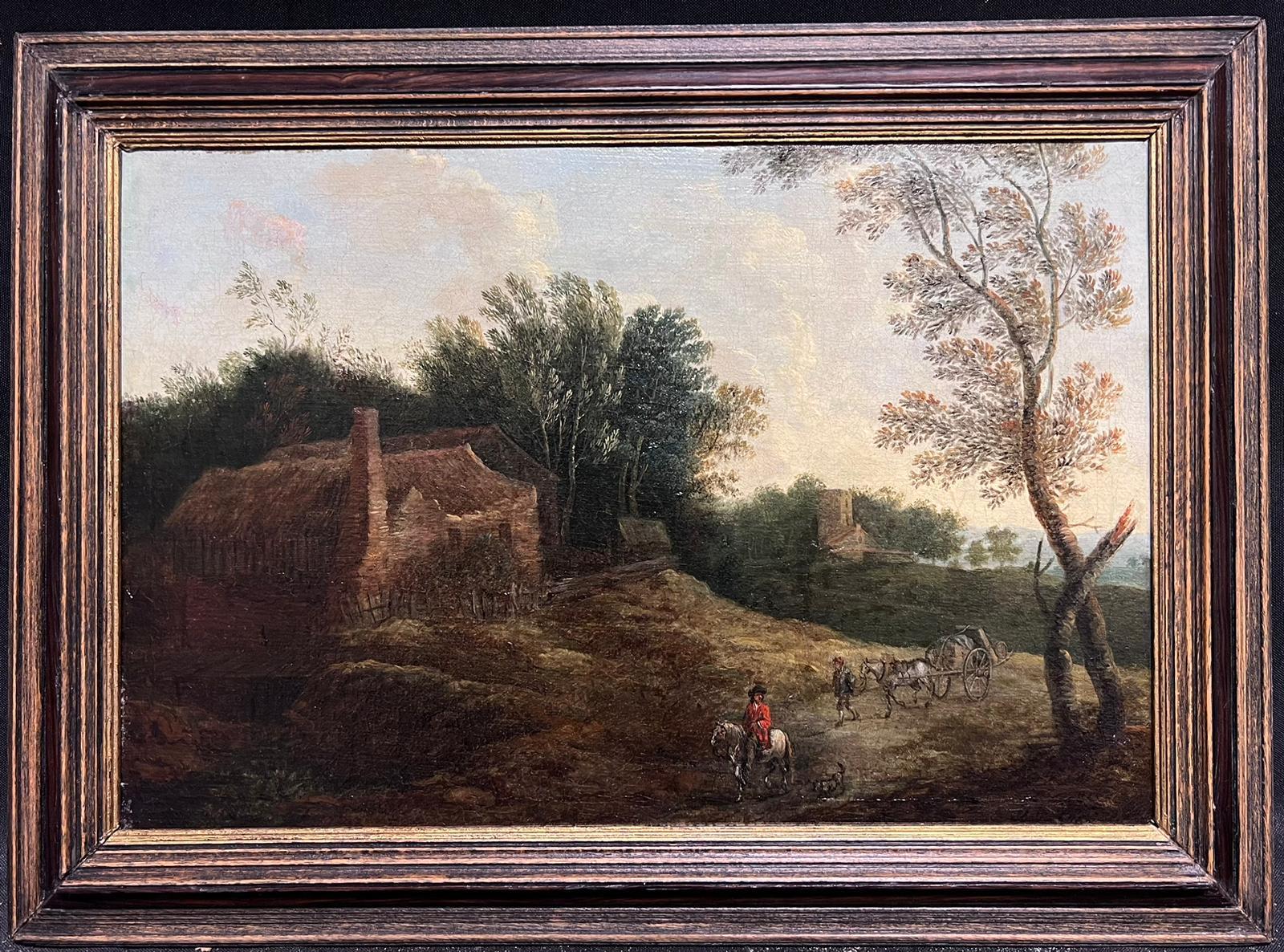 Belle peinture à l'huile de maître flamande du 17e siècle, paysage de campagne avec voyageurs - Painting de Jacques d'Arthois