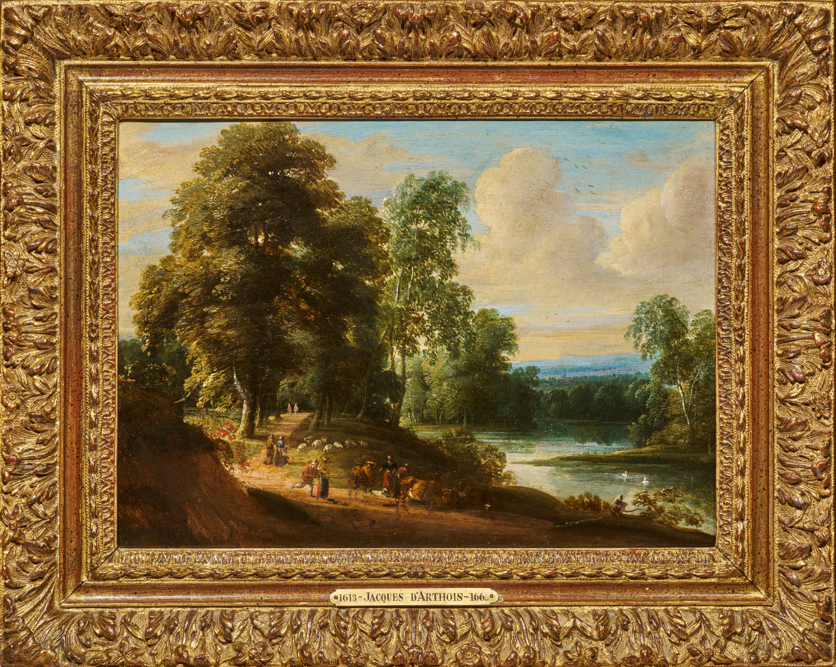 Paysage de bord de rivière, peinture sur panneau de chêne de Jacques d'Arthois (1636 - 1686) 1