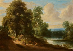 Riverside landscape, a painting on oak panel by Jacques d'Arthois (1636 - 1686)