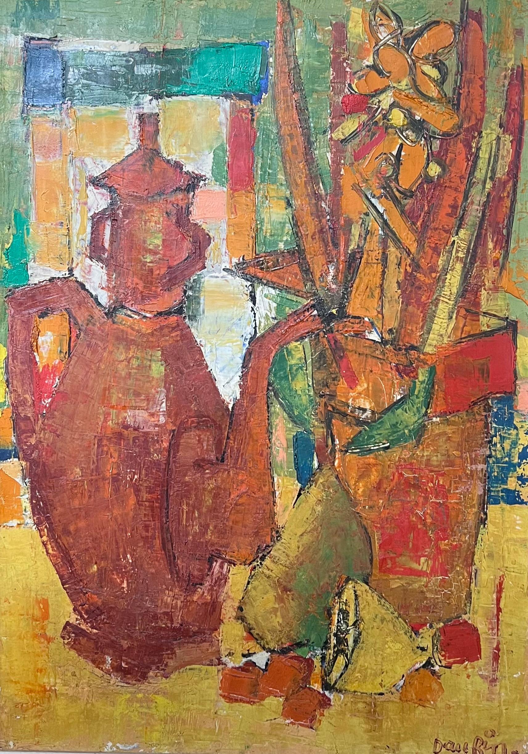 1950er Jahre Französisch Modernist signiert Ölgemälde Stillleben Küche Tisch Objects – Painting von Jacques Daufin