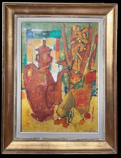 1950's French Modernist Signed Oil Painting Still Life Kitchen Table Objects