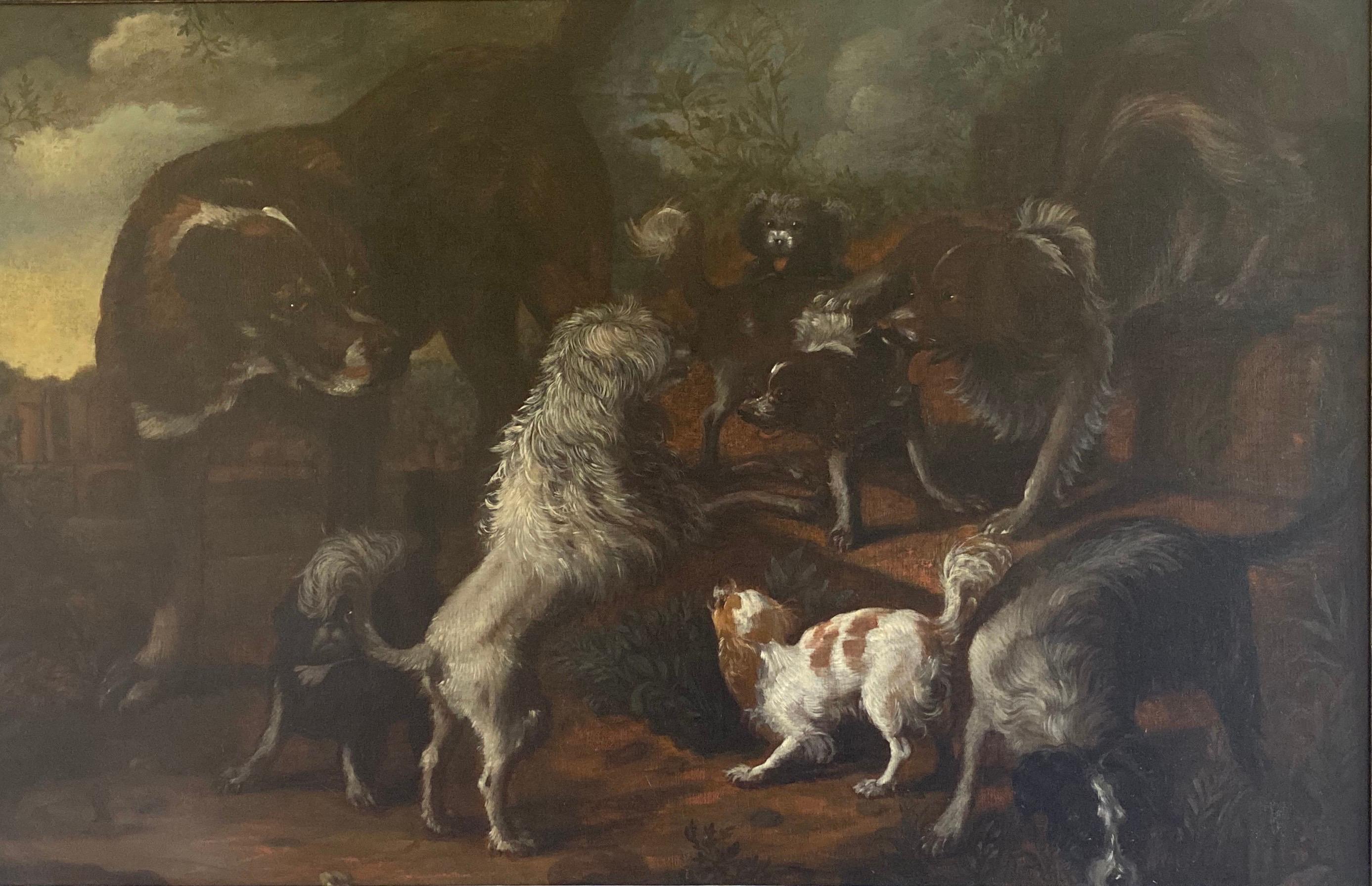 Jacques de Claeuw Animal Painting - 17th century Dutch painting of a Group of Dogs in a Landscape
