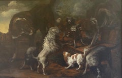 17th century Dutch painting of a Group of Dogs in a Landscape