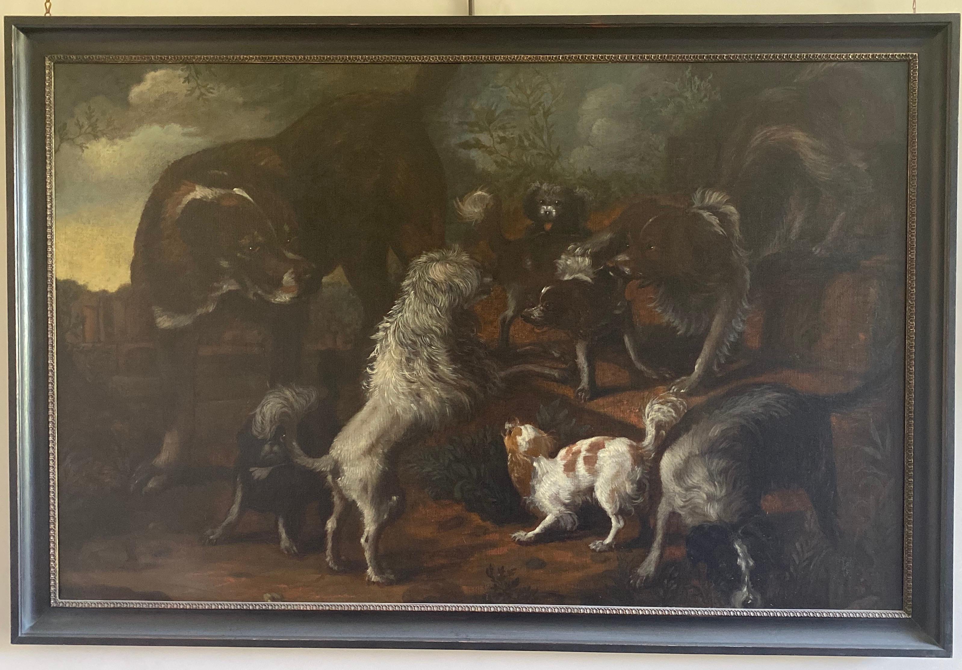 17th century Dutch painting of a Group of Dogs in a Landscape - Painting by Jacques de Claeuw