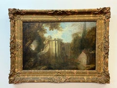 Antique 18th century garden/park scene with fountain, animals, and figures 