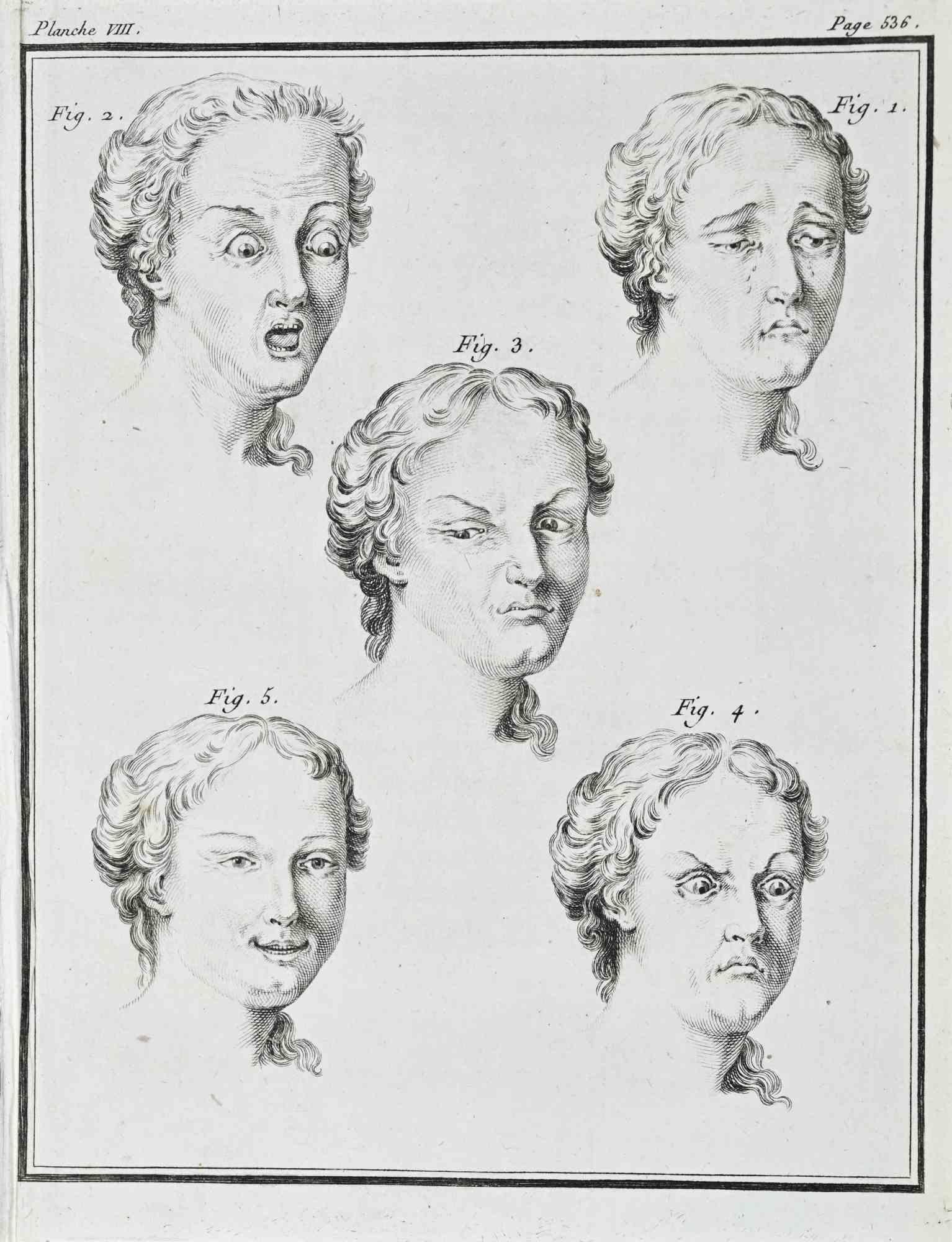 Facial Expressions - Etching by Jacques de Sève - 1771