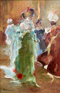 "Arriving to the Ballroom" Post War Impressionist Oil on Canvas Painting