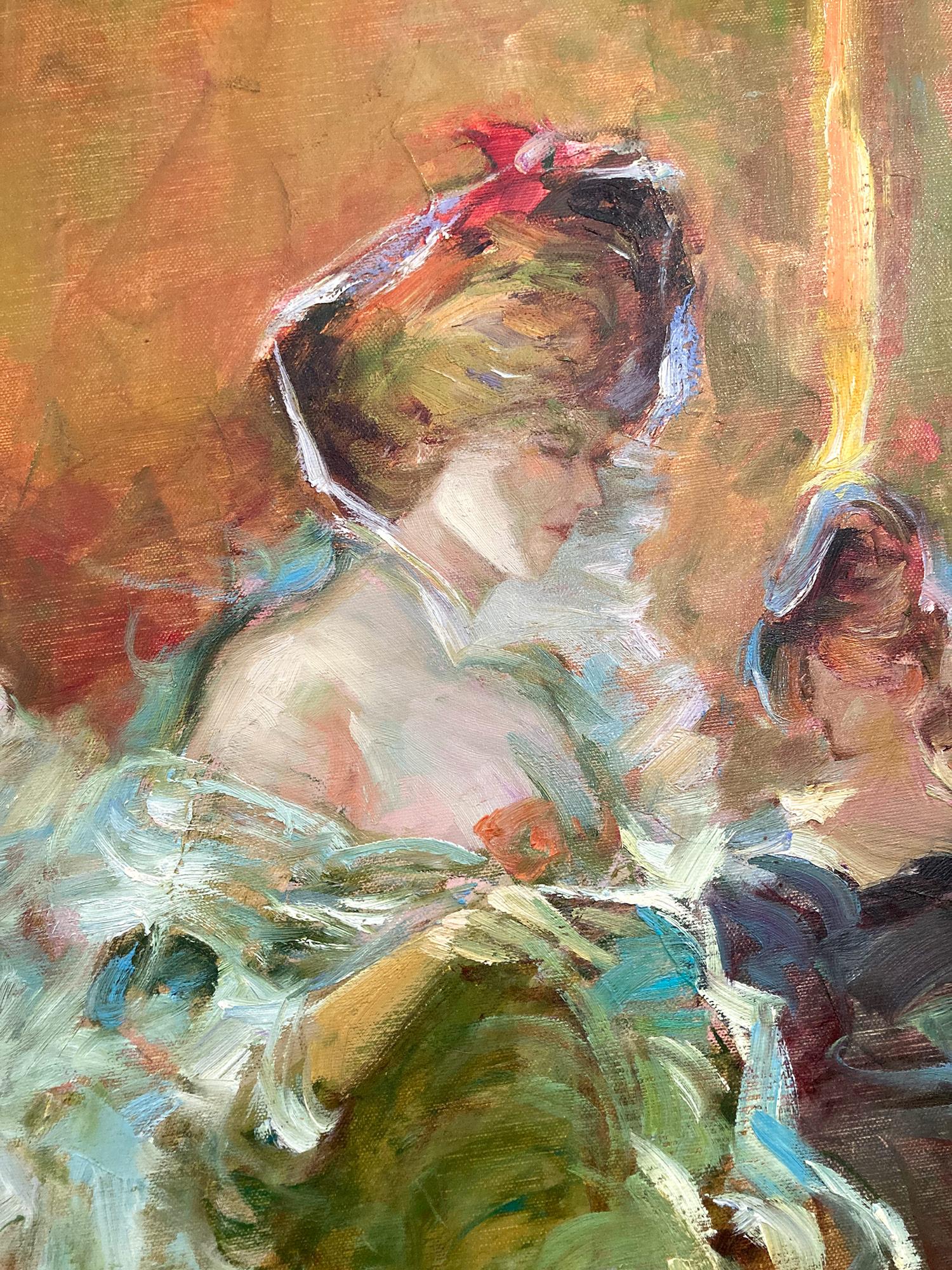 A masterful oil painting depicting a view of figures in the Ballroom. As an impressionist painter, he was known for his detailed works depicting scenes from daily life; notably works of simple life by the garden or beach. This piece is a precious