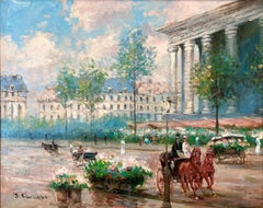 "Flower Vendors by La Madeleine" Post War Impressionist Oil Painting on Canvas