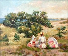 "Mother and Child in the Garden by the Coast" Impressionist Oil Painting Framed