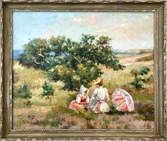Impressionistisches Ölgemälde „Mutter und Kind im Garten von der Küste“, gerahmt