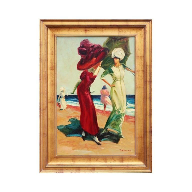 Naturalistic Portrait of a Pair of Women in Large Hats Walking on the Beach - Painting by Jacques Deveau