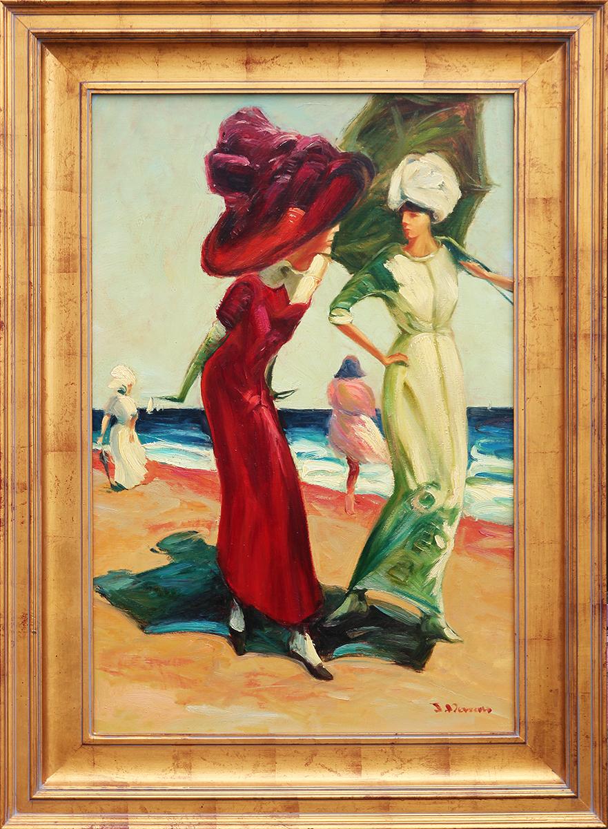 Jacques Deveau Figurative Painting - Naturalistic Portrait of a Pair of Women in Large Hats Walking on the Beach