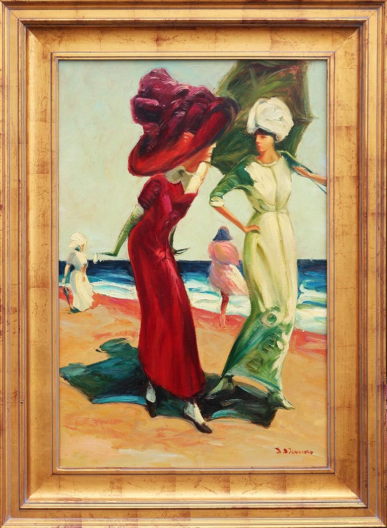 Jacques Deveau Portrait Painting - Naturalistic Portrait of a Pair of Women in Large Hats Walking on the Beach