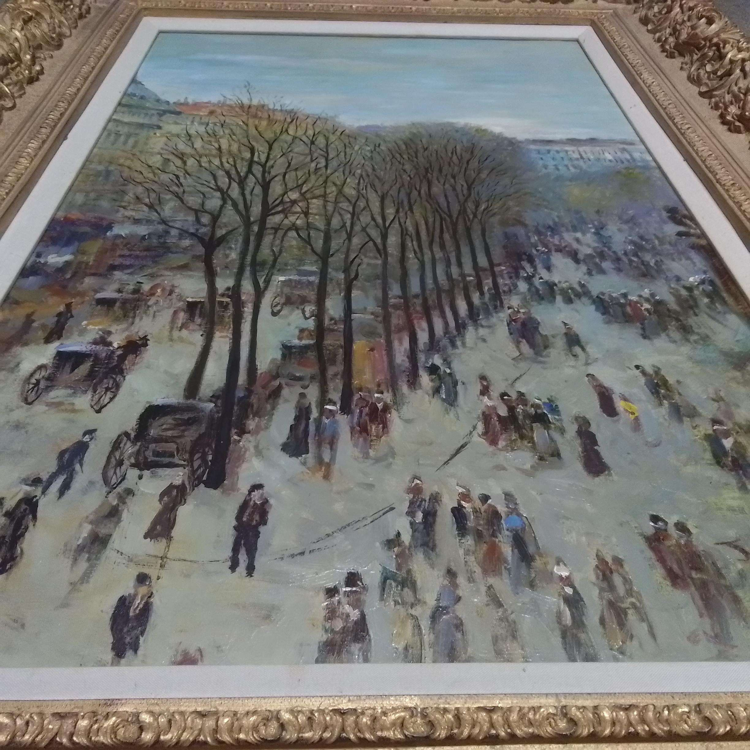 French art vintage portrait of Paris, a view from the balcony - oil on canvas - Painting by Jacques Deveau