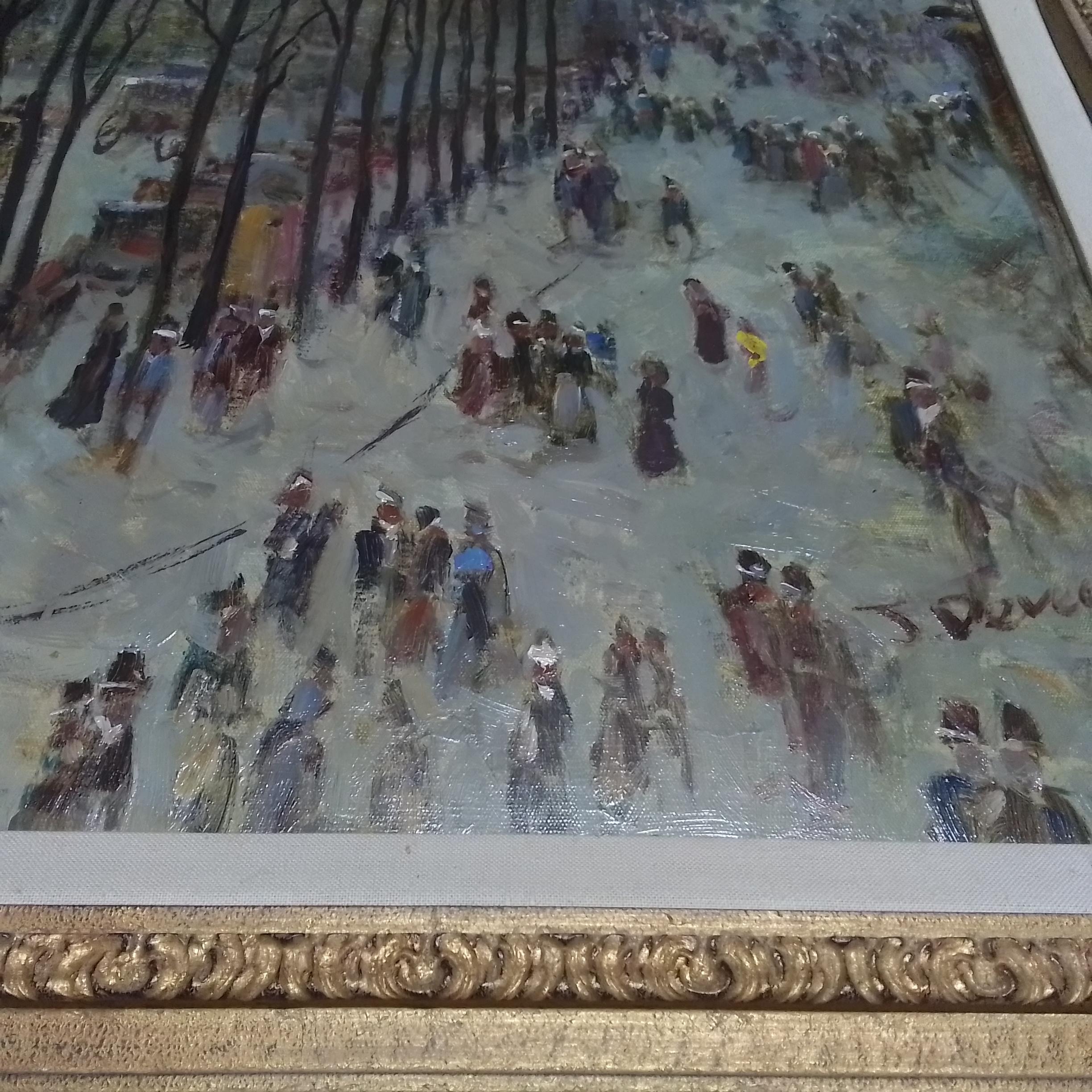 French art vintage portrait of Paris, a view from the balcony - oil on canvas - Post-Impressionist Painting by Jacques Deveau