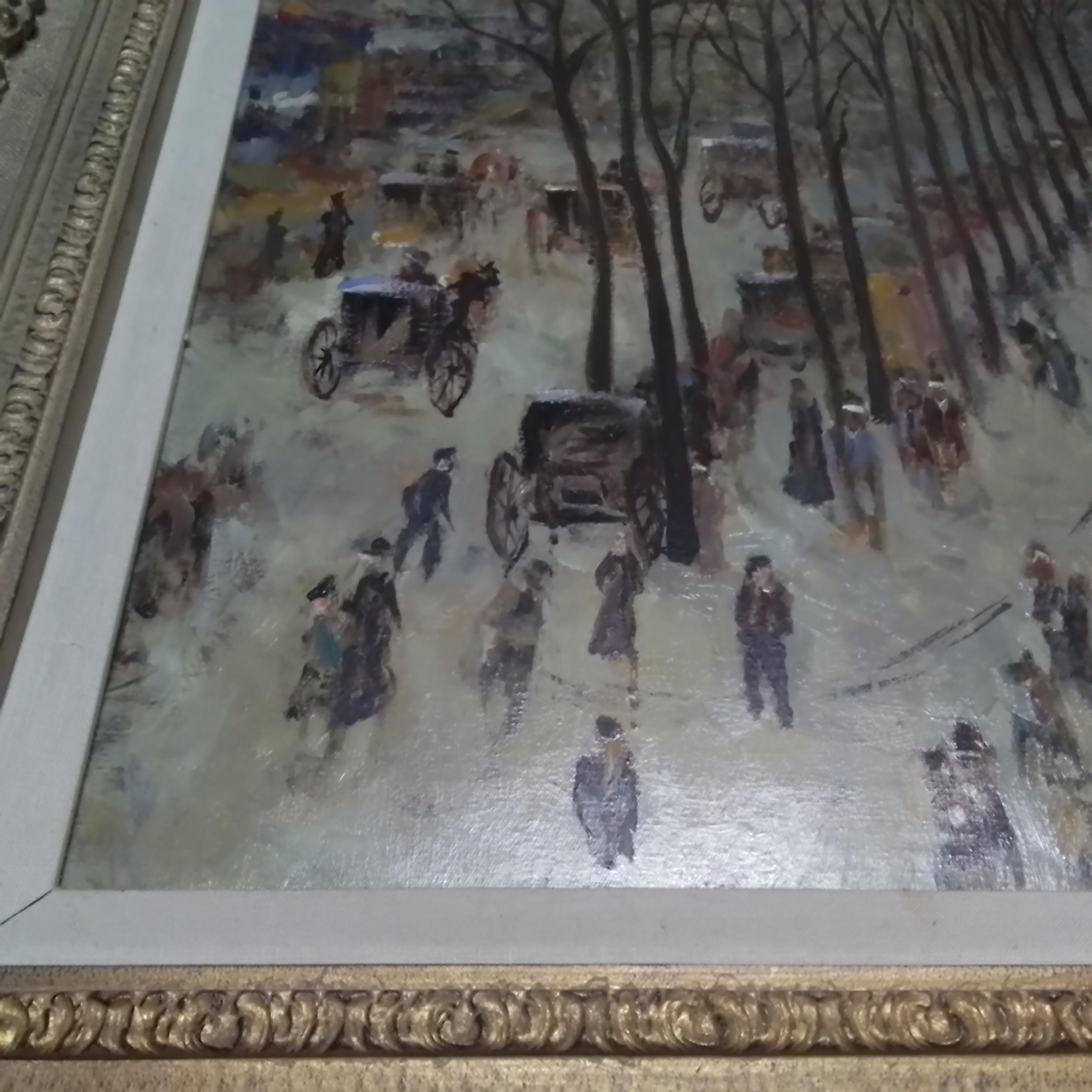 French art vintage portrait of Paris, a view from the balcony - oil on canvas - Gray Landscape Painting by Jacques Deveau