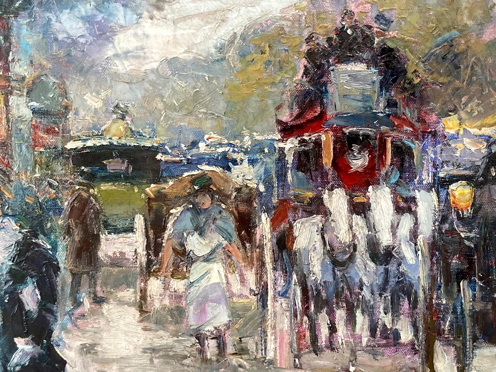 Un magistrale dipinto a olio che raffigura una veduta di Parigi al crepuscolo. Questo pezzo è un esempio pertinente delle opere prodotte durante il XX secolo dall'artista con l'uso di bellissimi colori e strati di pittura, che conferiscono a