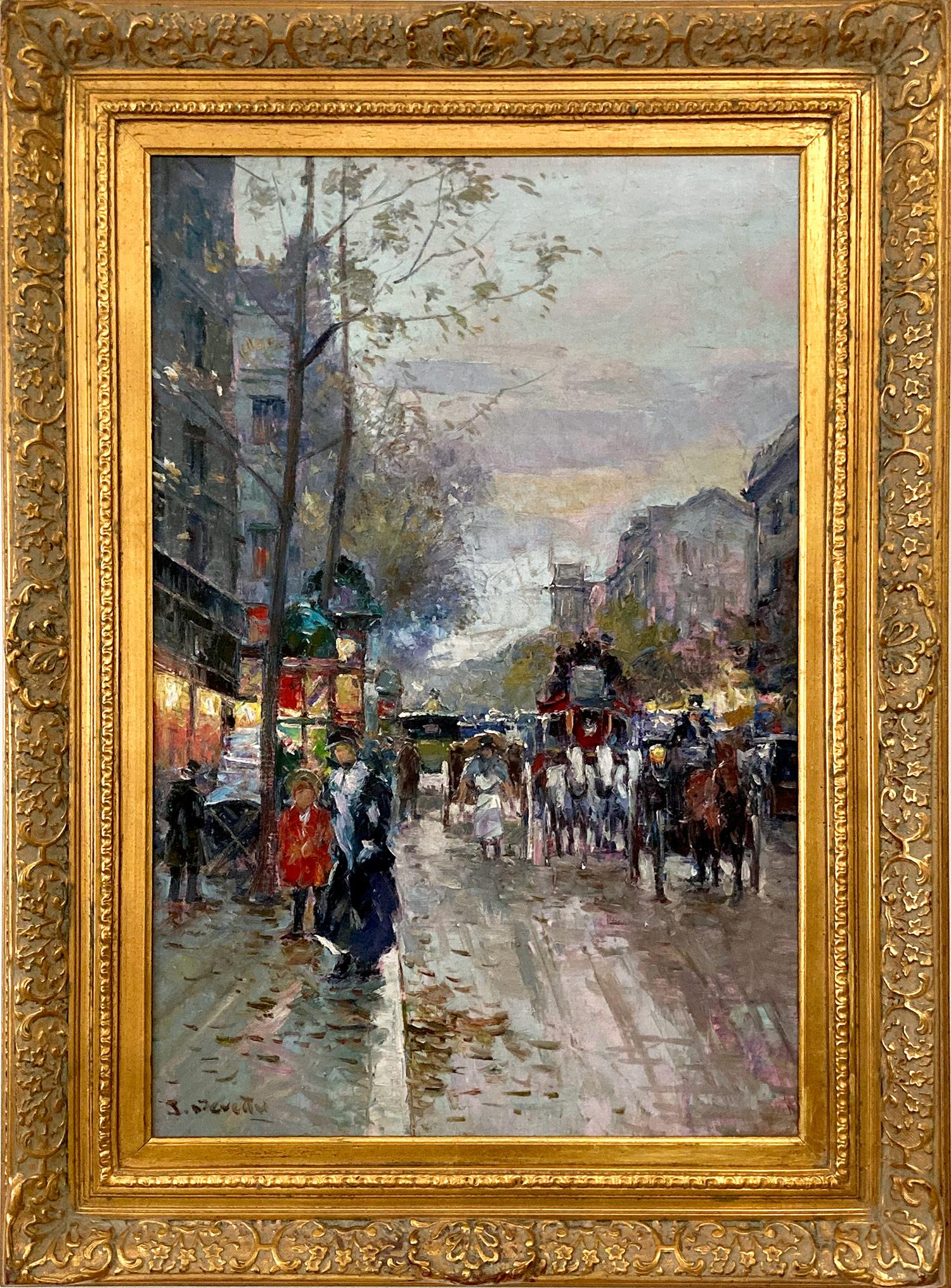 Figurative Painting di Jacques Deveau - "Scena di strada parigina al crepuscolo" Pittura su tela impressionista del dopoguerra