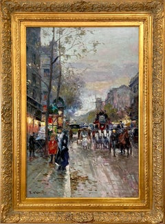 "Parisian Street Scene at Twilight" Post War Impressionist Oil Canvas Painting