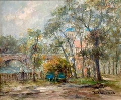 "Riverside Park" Post War Impressionist Oil on Canvas Painting with Figures