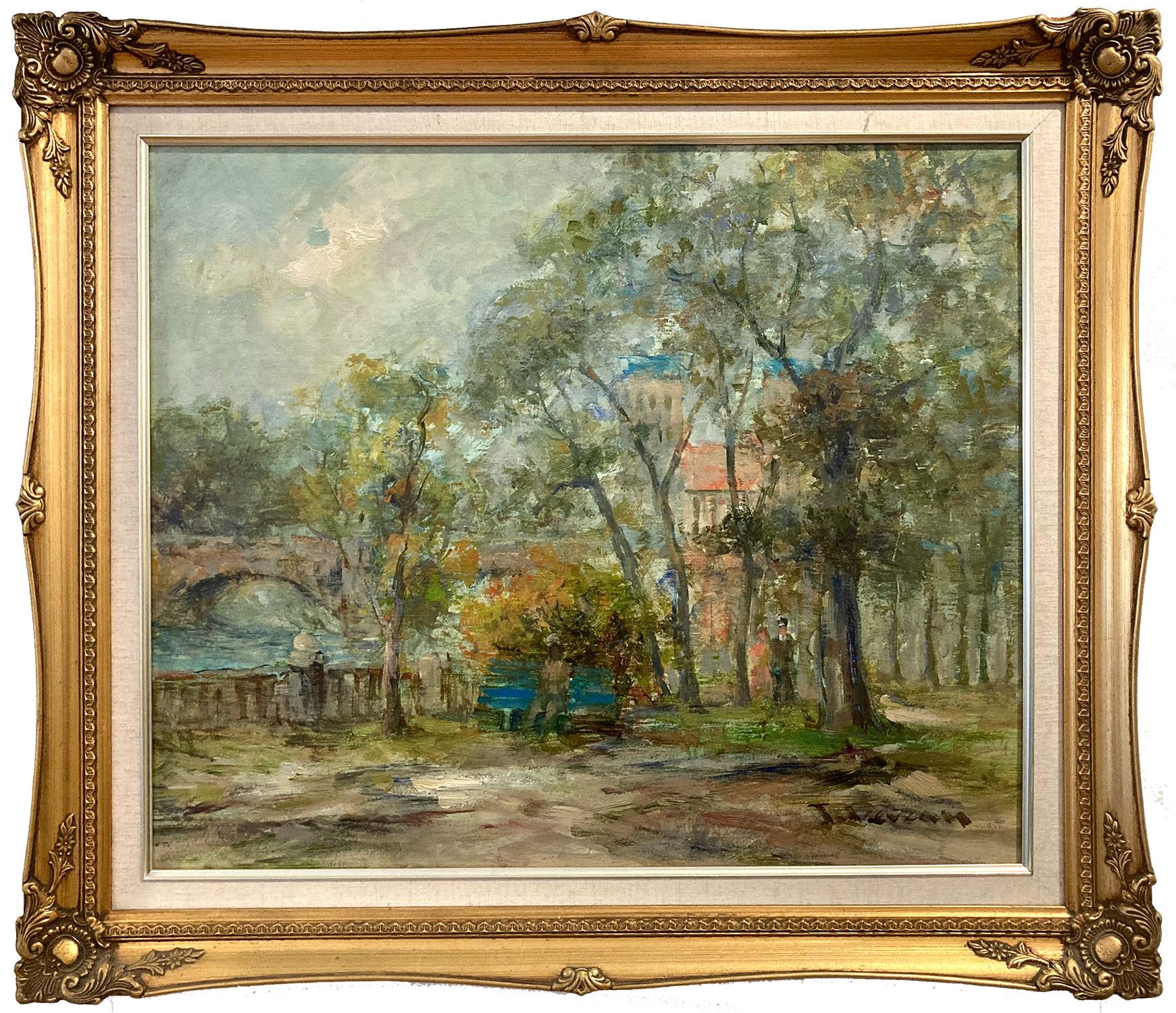 Landscape Painting de Jacques Deveau - "Parque Riverside" Pintura impresionista de posguerra al óleo sobre lienzo con figuras