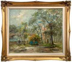Impressionistisches Ölgemälde auf Leinwand „Riverside Park“ aus dem Nachkriegszeitalter mit Figuren