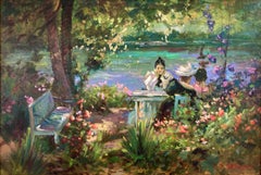 "Woman Seated in the Garden by Lake" Post War Impressionist Oil Canvas Painting