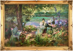 "Woman Seated in the Garden by Lake" Post War Impressionist Oil Canvas Painting
