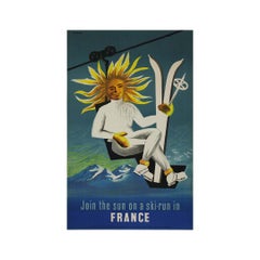 Affiche de voyage originale de 1950 de Dubois Join the sun on a ski run in France