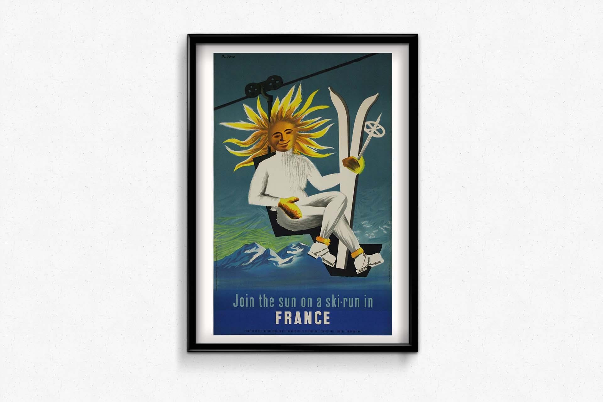 Original travel poster from 1950 by Dubois Join the sun on a ski run in France For Sale 1