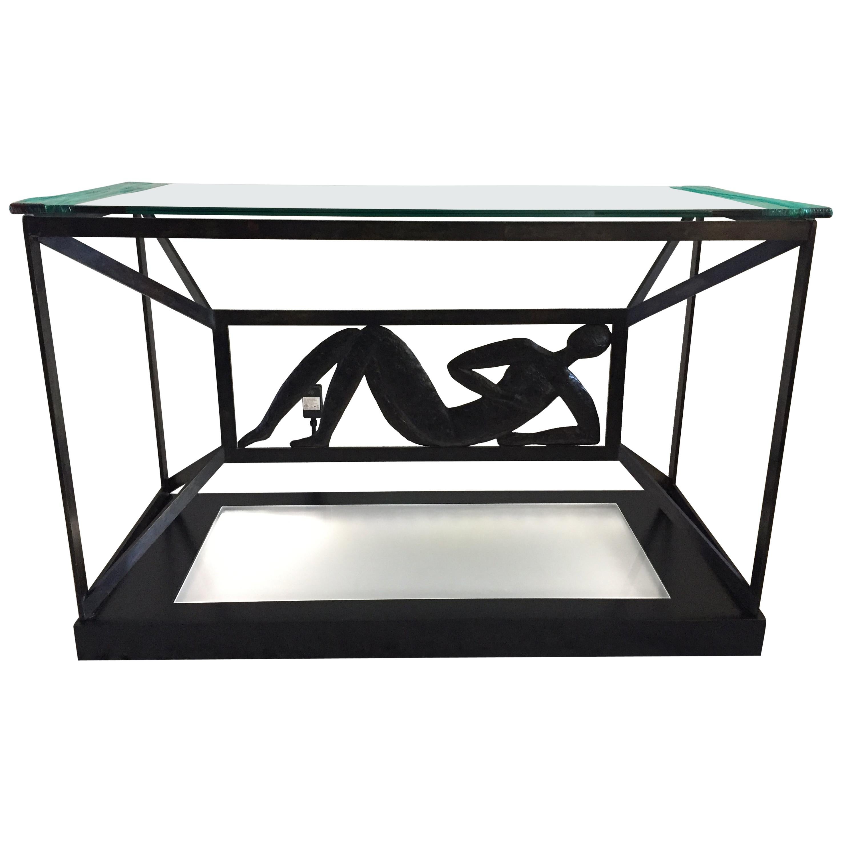 Jacques Dufresne Art Deco Bronze Console or Entrance Pedestal Illuminated Table