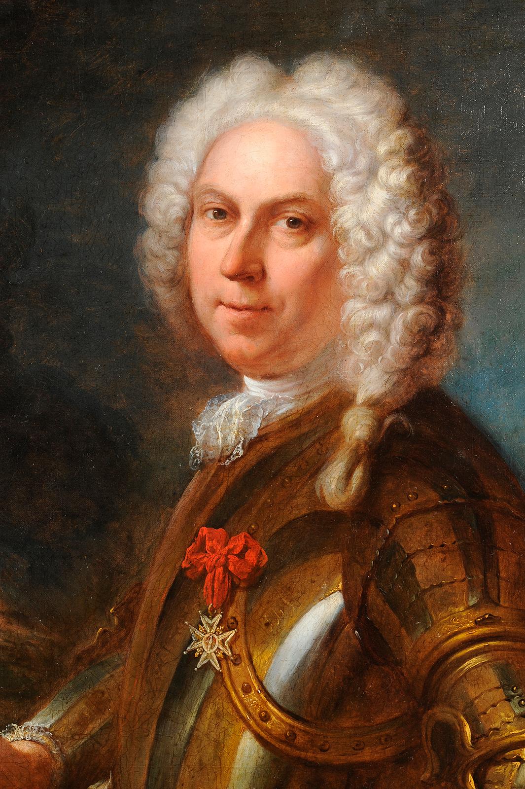 Portrait of a man in armor - Black Figurative Painting by Jacques Dumont called Dumont Le Romain