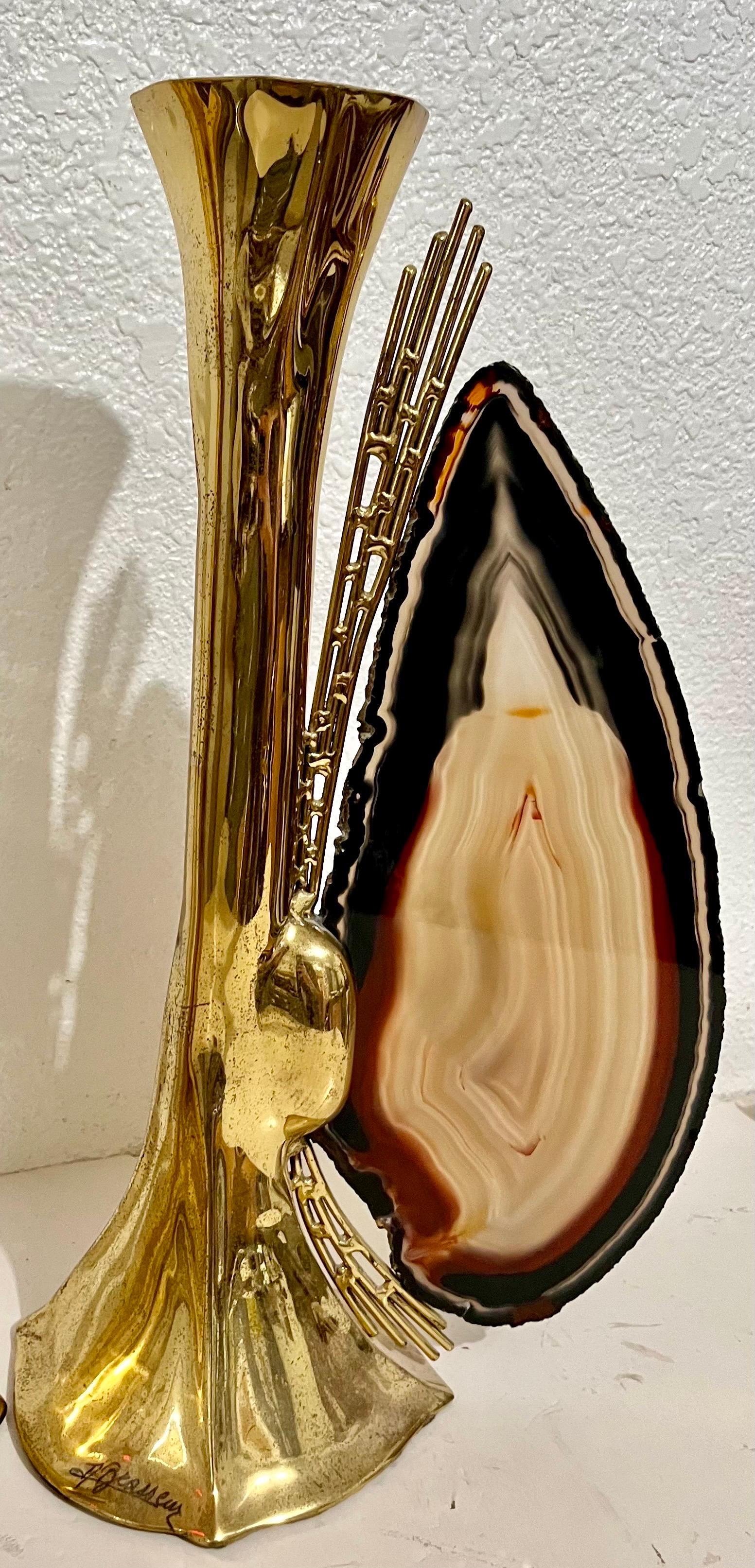 Paar französische Kerzenständer aus Messing und Roh Mineralachat, Skulptur, Kunst, Skulptur, 1970er Jahre im Angebot 2