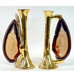 1970s French Brass & Raw Mineral Agate Specimen Sculpture Art Candlesticks Pair