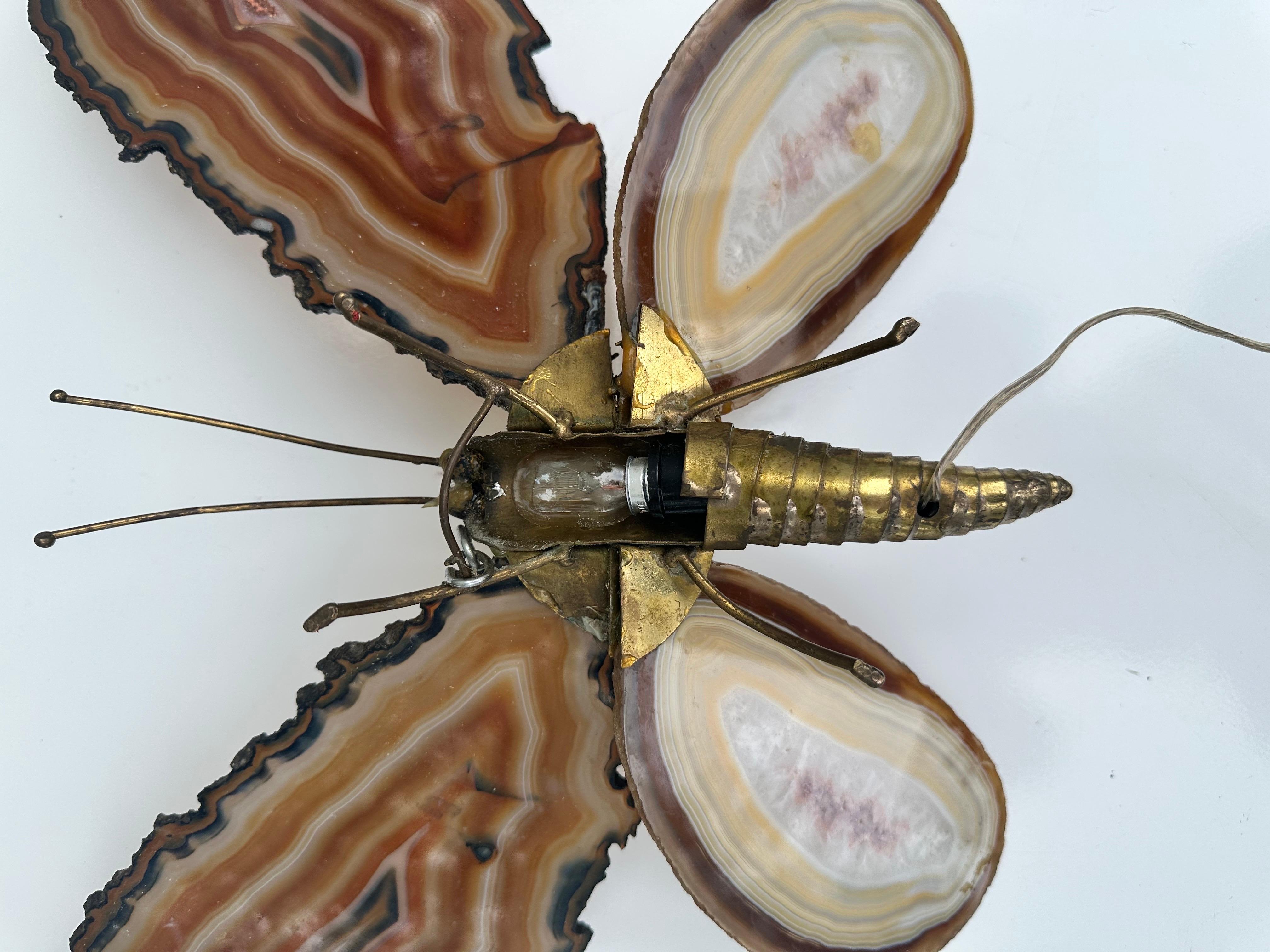 Jacques Duval Brasseur agate and brass Butterfly wall  Sconce  For Sale 6