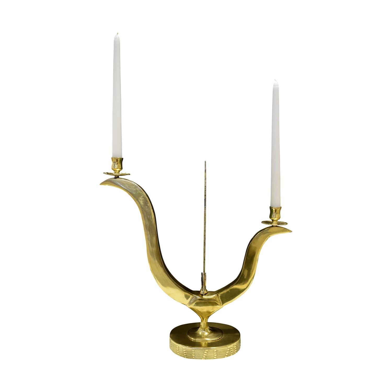 Artisan candelabrum for 2 candles in brass with mounted exotic onyx center by Jacques Duval-Brasseur, France 1970s (signed by artist and numbered 3/4). Jacques Duval-Brasseur was a sculptor who incorporated luxurious exotic materials into his