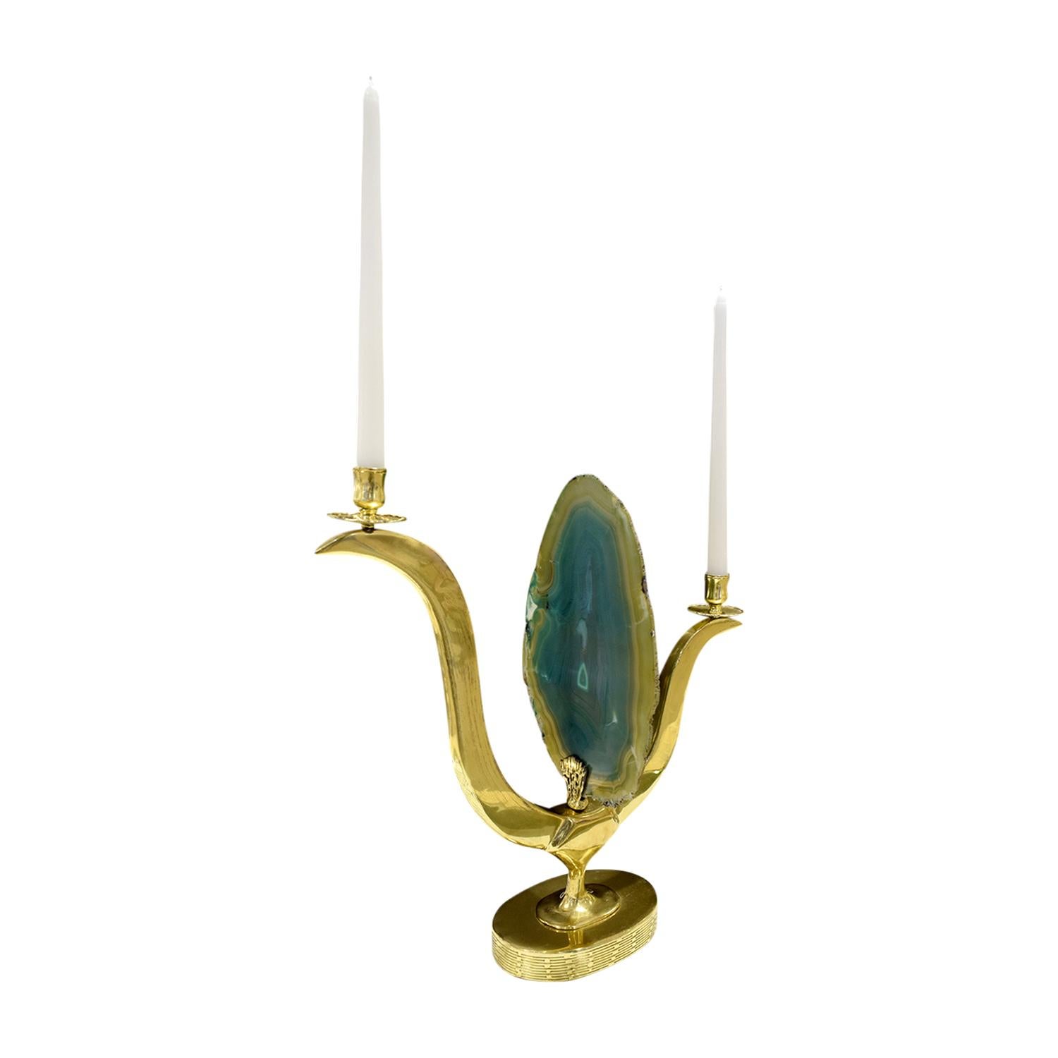 Mid-Century Modern Jacques Duval-Brasseur Candelabrum In Brass With Exotic Onyx 1970s 'Signed'