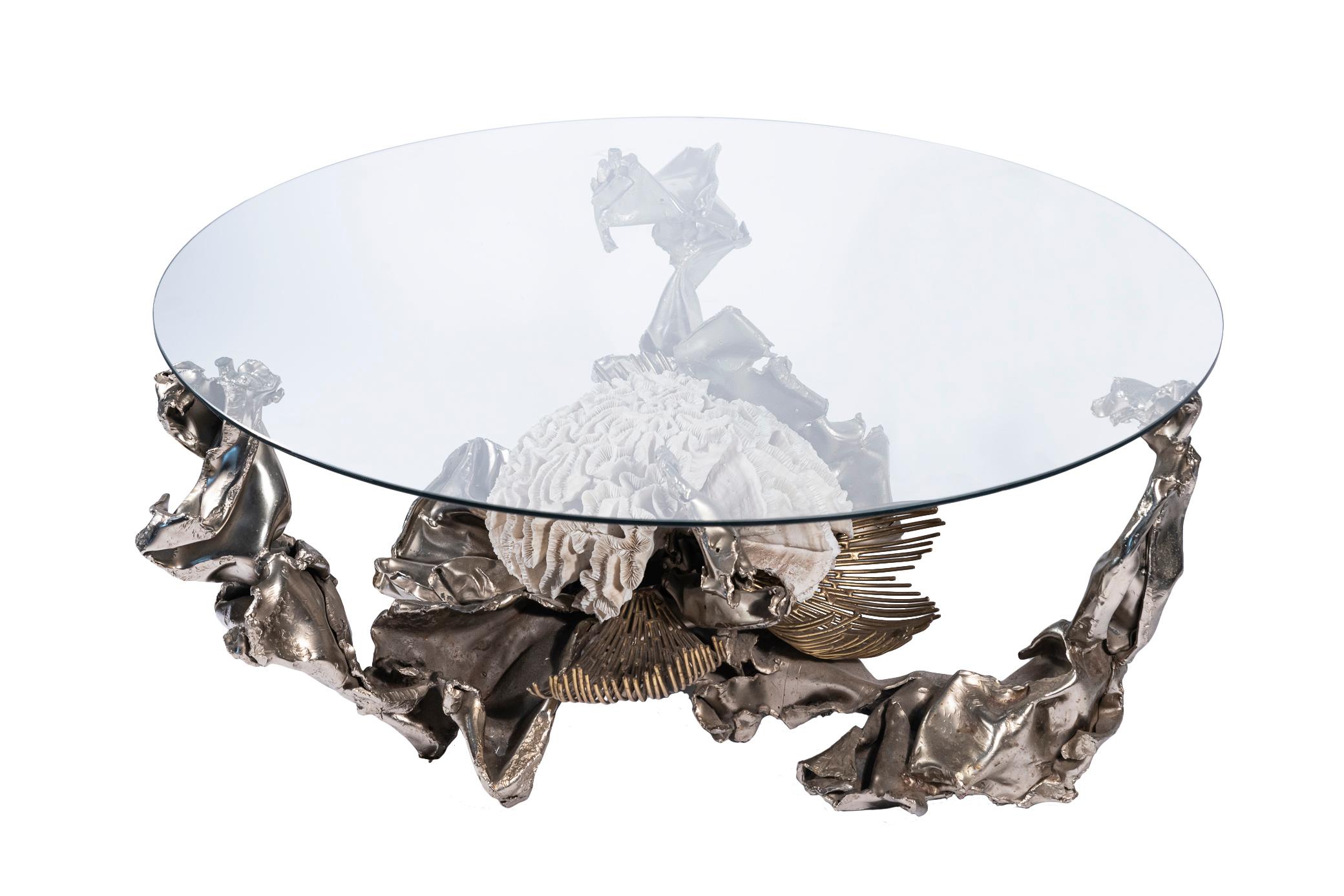 Jacques Duval Brasseur (1931-2021)
Sculpture coffee table, 
Iron and golden bronze, white coral,
Signed 