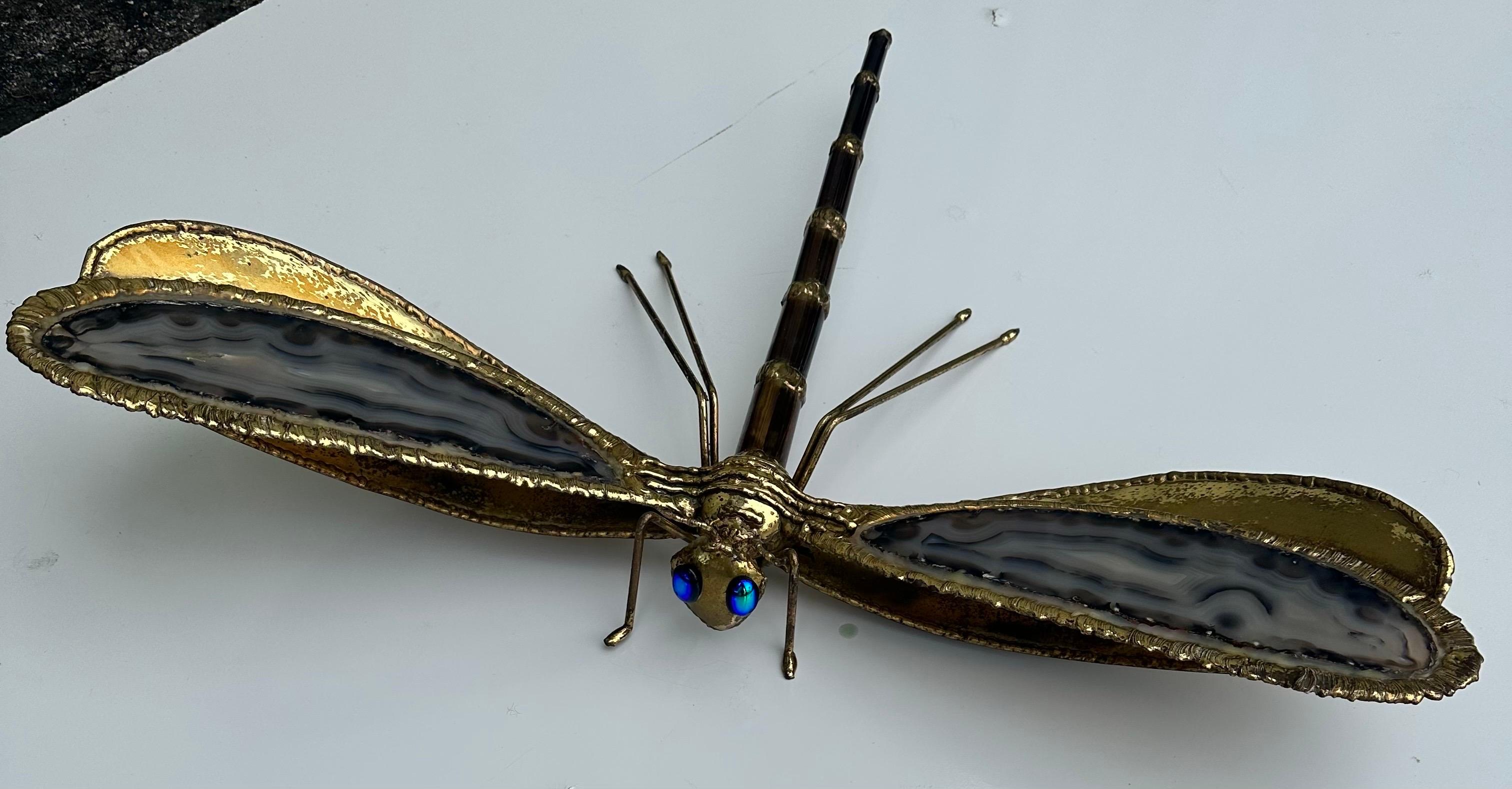 Mid-Century Modern Jacques Duval Brasseur Dragonfly Brass And Agate Sconce  For Sale