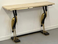 Jacques Duval Brasseur Gold and grey Métal  Beige Travertine Top Console Table