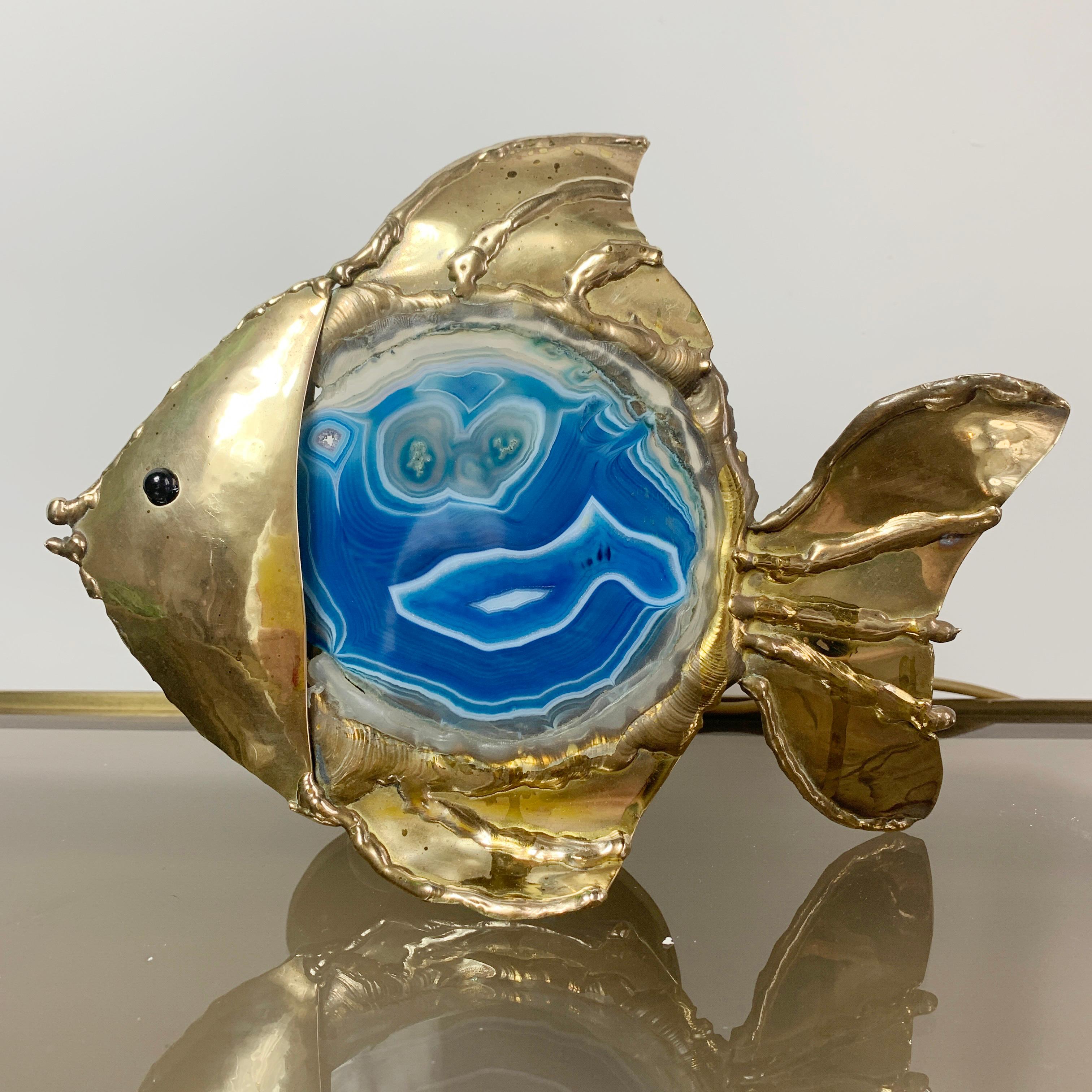 Jacques Duval-Brasseur Illuminated Blue Agate, Gold Fish Lamp For Sale 4