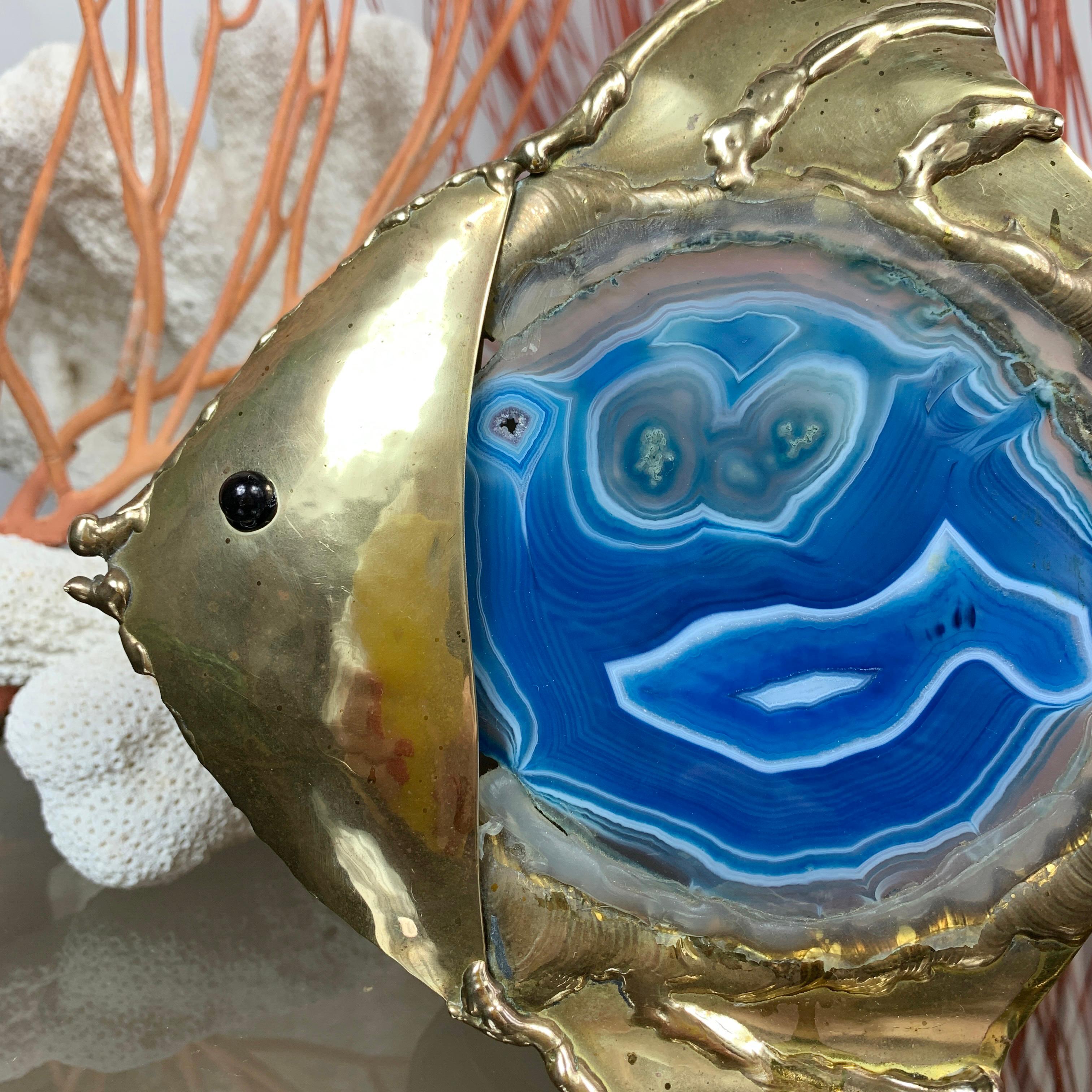 Brutalist Jacques Duval-Brasseur Illuminated Blue Agate, Gold Fish Lamp For Sale