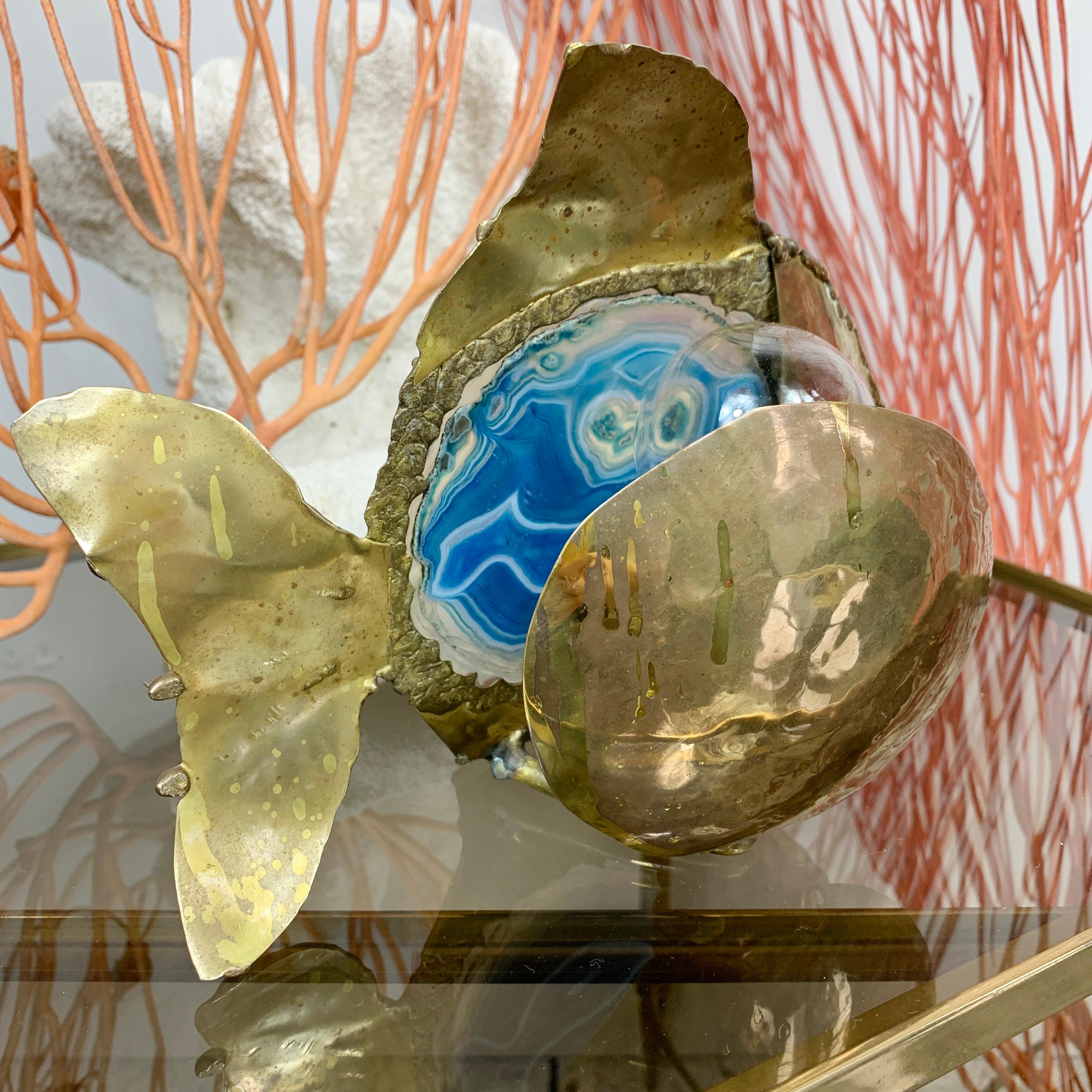 Jacques Duval-Brasseur Illuminated Blue Agate, Gold Fish Lamp In Good Condition For Sale In Hastings, GB
