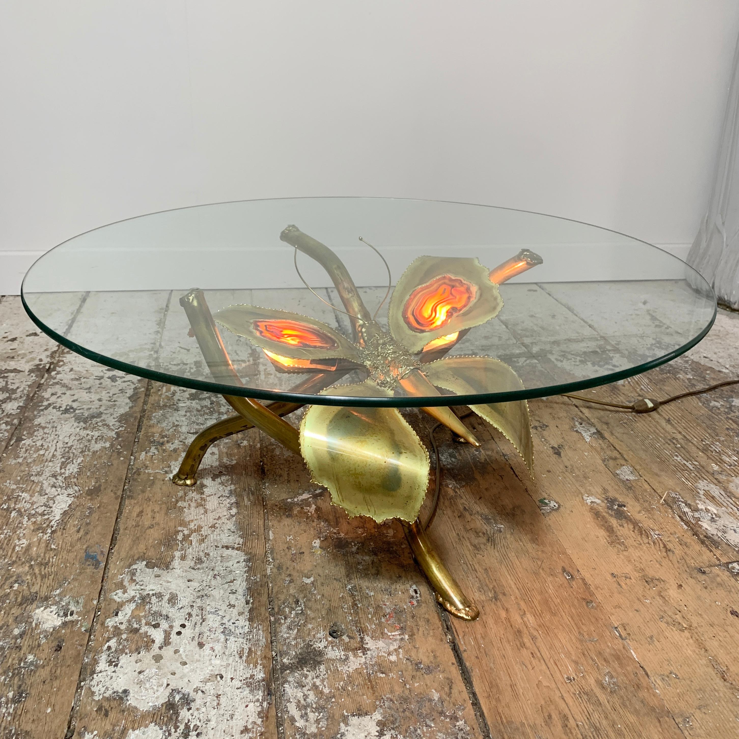 French Jacques Duval Brasseur Illuminated Gold Butterfly Coffee Table For Sale