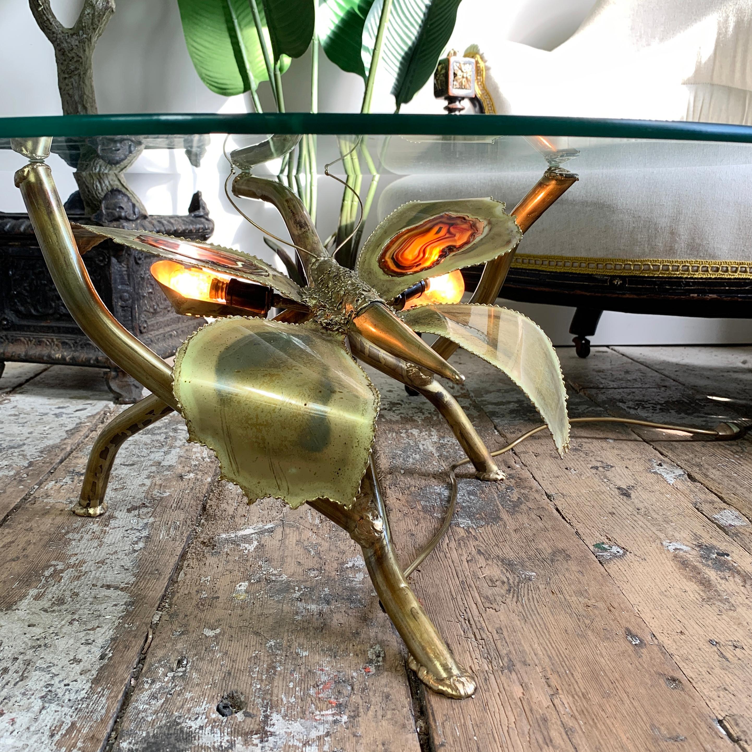 Hand-Crafted Jacques Duval Brasseur Illuminated Gold Butterfly Coffee Table For Sale