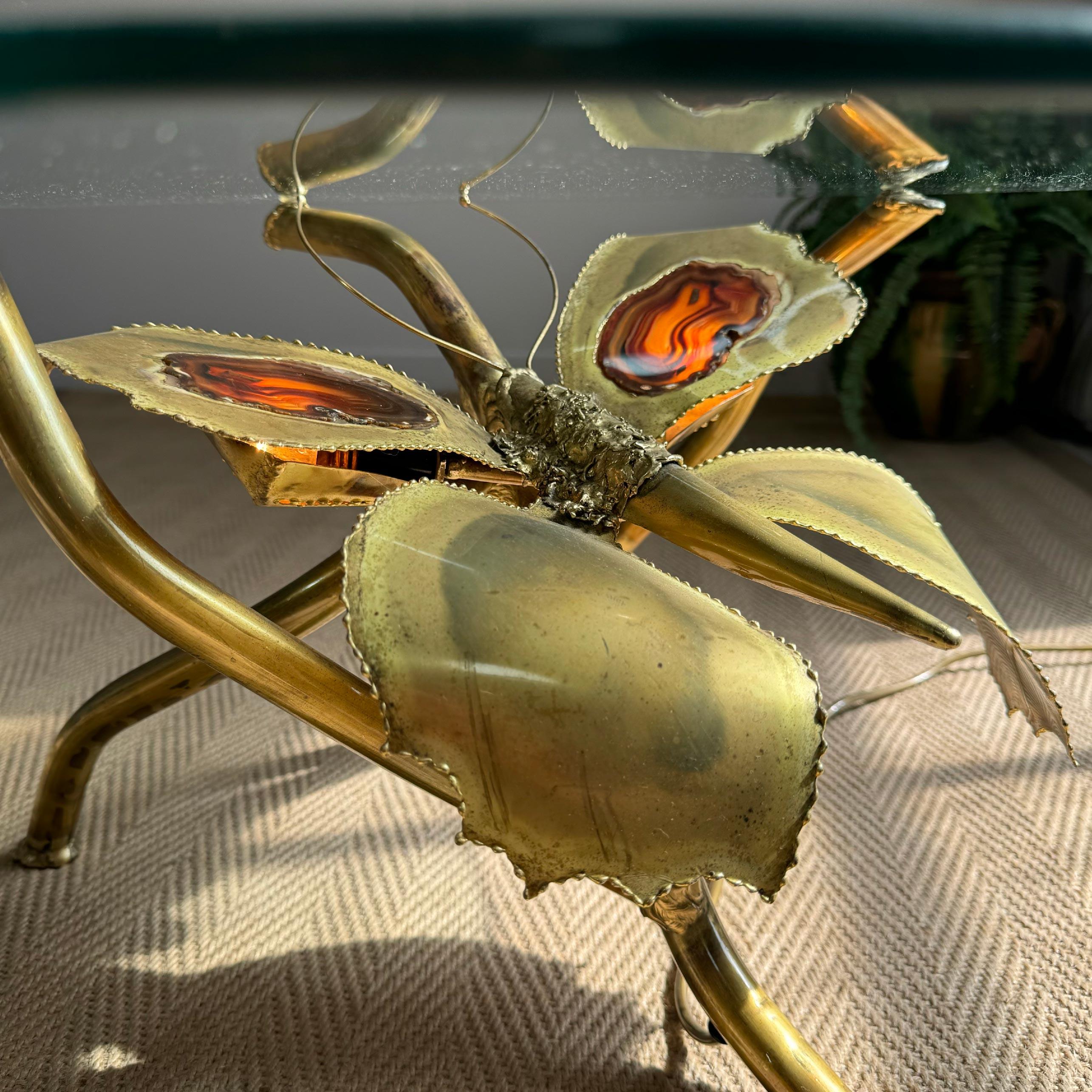 Late 20th Century Jacques Duval Brasseur Illuminated Gold Butterfly Coffee Table For Sale