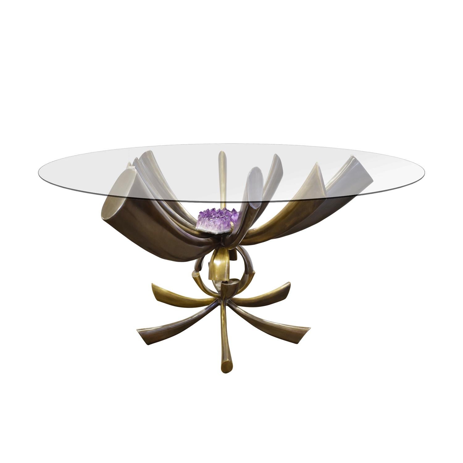 Rare and important entry/hall/dining table in bronze with large amethyst in jewelry setting mounted in center by Jacques Duval-Brasseur, France 1970s (signed with artist’s signature on base). Jacques Duval-Brasseur was a noted French sculptor and