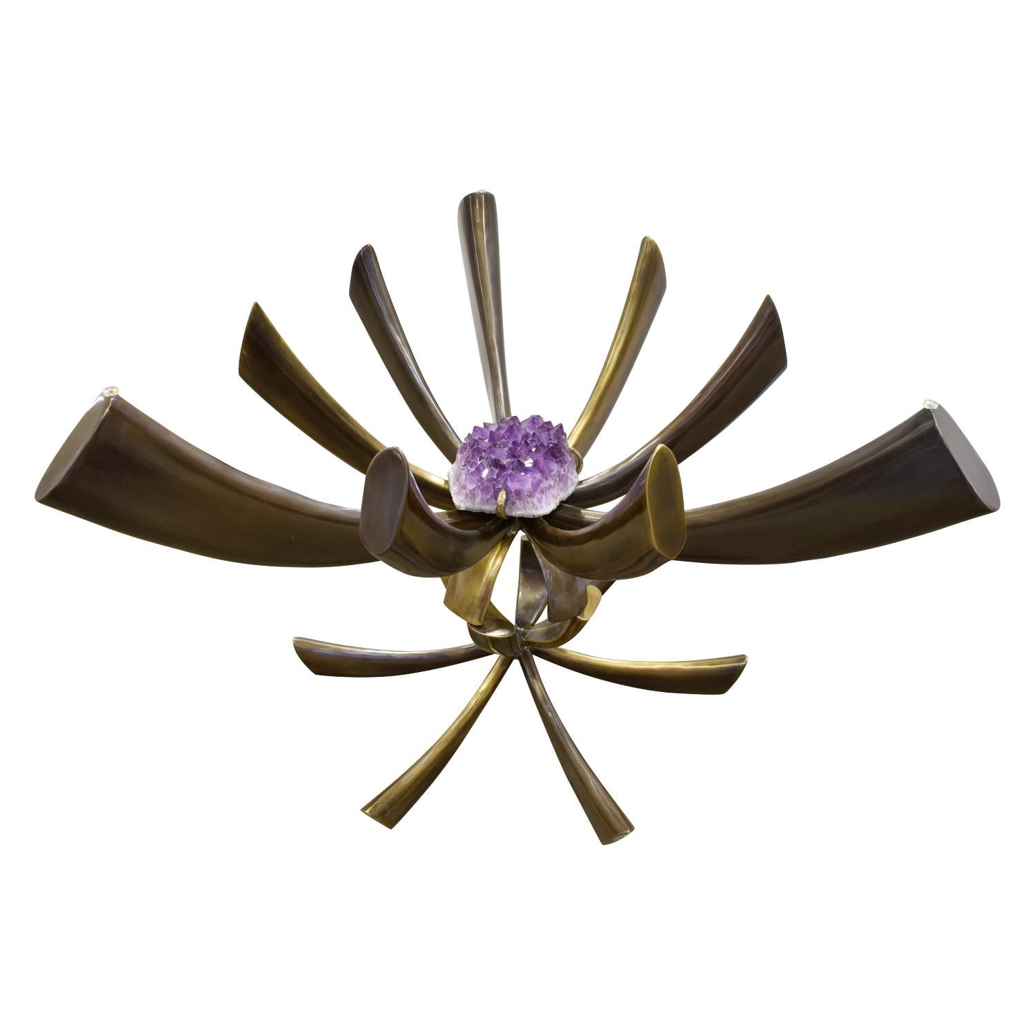 Mid-Century Modern Jacques Duval-Brasseur Rare Table in Bronze with Mounted Amethyst 1970s 'Signed'